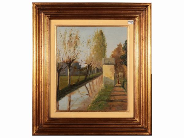 Paesaggio toscano con casa colonica e covoni e Paesaggio campestre con canale  - Asta Dimore fiorentine - Associazione Nazionale - Case d'Asta italiane