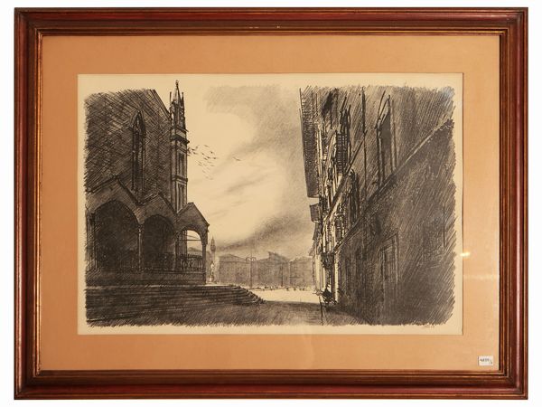 Luciano Guarnieri : Serie di cinque litografie dalla serie Firenze 4 novembre 1966  - Asta Dimore fiorentine - Associazione Nazionale - Case d'Asta italiane