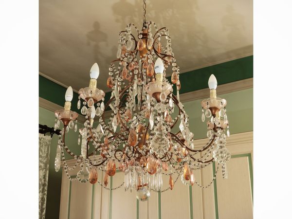 Lampadario a paniere in metallo dorato e vetro  - Asta Dimore fiorentine - Associazione Nazionale - Case d'Asta italiane