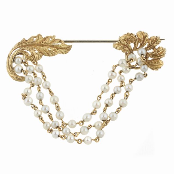 SPILLA A FORMA DI TRALCI CON PERLE  - Asta Gioielli  - Associazione Nazionale - Case d'Asta italiane