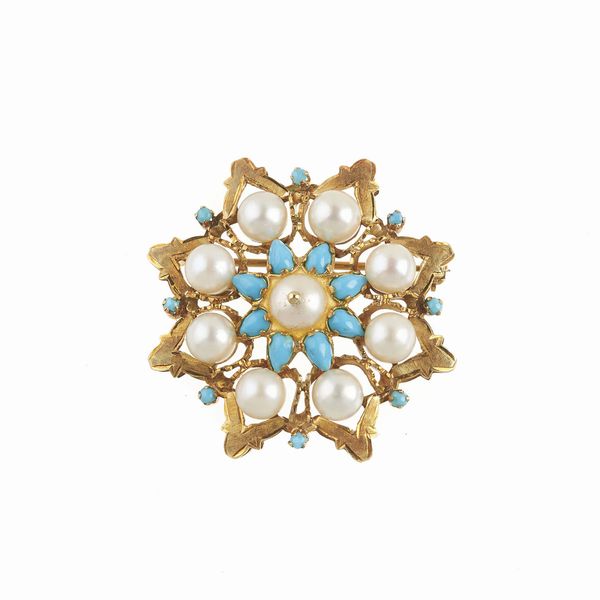 SPILLA A STELLA CON PERLE E TURCHESI  - Asta Gioielli  - Associazione Nazionale - Case d'Asta italiane