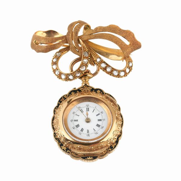 OROLOGIO DA TASCA CON SPILLA IN ORO E ROSE DI DIAMANTE  - Asta OROLOGI - Associazione Nazionale - Case d'Asta italiane