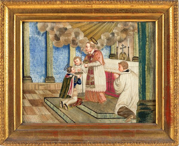 Arte salentina del XVIII secolo : San Luigi Gonzaga riceve la prima comunione da San Carlo Borromeo  - Asta Collezioni Private - Mobili, Oggetti d'Arte e Dipinti Antichi e del XIX Secolo - Associazione Nazionale - Case d'Asta italiane