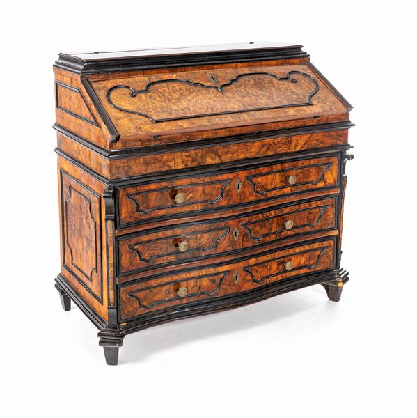 Cassettone a ribalta in radica di noce con cornici ebanizzate, Lombardia, XVIII secolo  - Asta Collezioni Private - Mobili, Oggetti d'Arte e Dipinti Antichi e del XIX Secolo - Associazione Nazionale - Case d'Asta italiane