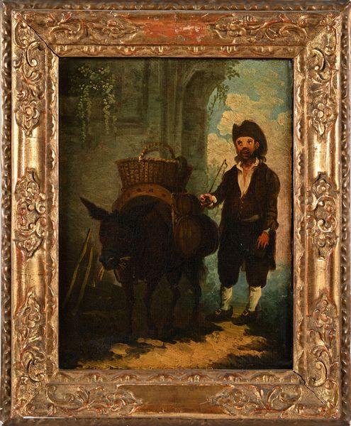 Scuola dell'italia settentrionale XVIII secolo : Scena di genere con figura di contadino e asinello  - Asta Collezioni Private - Mobili, Oggetti d'Arte e Dipinti Antichi e del XIX Secolo - Associazione Nazionale - Case d'Asta italiane