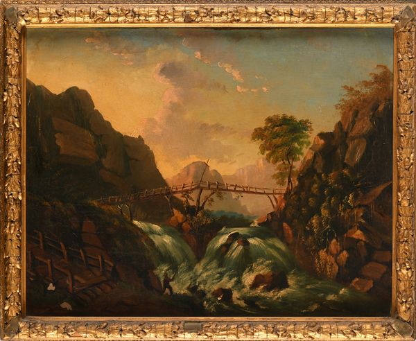 Pittore degli inizi del XX secolo : Paesaggio nordico con ponte di legno e cascata  - Asta Collezioni Private - Mobili, Oggetti d'Arte e Dipinti Antichi e del XIX Secolo - Associazione Nazionale - Case d'Asta italiane