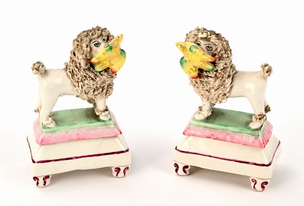 Coppia di barboncini con volatili, Inghilterra, Staffordshire, met del XIX secolo  - Asta Collezioni Private - Mobili, Oggetti d'Arte e Dipinti Antichi e del XIX Secolo - Associazione Nazionale - Case d'Asta italiane