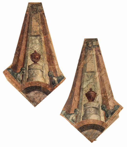 Due decorazioni da soffitto eseguite a tempera su tela sagomata, fine XIX/inizi XX secolo  - Asta Collezioni Private - Mobili, Oggetti d'Arte e Dipinti Antichi e del XIX Secolo - Associazione Nazionale - Case d'Asta italiane