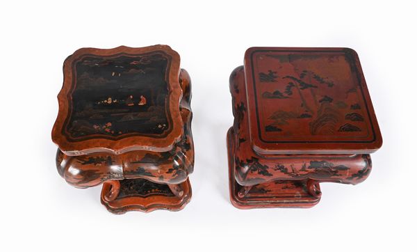 Due piccoli sgabelli in legno laccato rosso e nero, Cina, dinastia Qing, XIX secolo  - Asta Collezioni Private - Mobili, Oggetti d'Arte e Dipinti Antichi e del XIX Secolo - Associazione Nazionale - Case d'Asta italiane