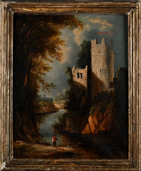 Anonimo del XVIII secolo : Paesaggio fluviale con torrioni e figura di viandante  - Asta Collezioni Private - Mobili, Oggetti d'Arte e Dipinti Antichi e del XIX Secolo - Associazione Nazionale - Case d'Asta italiane