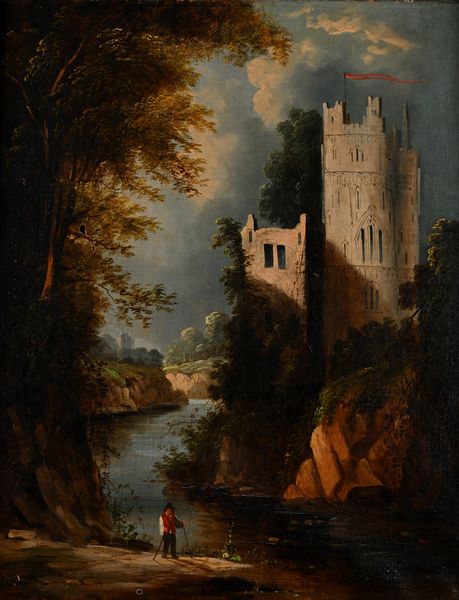 Anonimo del XVIII secolo : Paesaggio fluviale con torrioni e figura di viandante  - Asta Collezioni Private - Mobili, Oggetti d'Arte e Dipinti Antichi e del XIX Secolo - Associazione Nazionale - Case d'Asta italiane