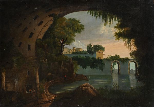 PITTORE DEL XVIII SECOLO : Paesaggio con lago e archi  - Asta Collezioni Private - Mobili, Oggetti d'Arte e Dipinti Antichi e del XIX Secolo - Associazione Nazionale - Case d'Asta italiane