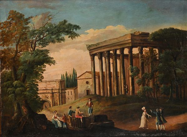 PITTORE NAPOLETANO DEL XVIII SECOLO : Capriccio architettonico con figure  - Asta Collezioni Private - Mobili, Oggetti d'Arte e Dipinti Antichi e del XIX Secolo - Associazione Nazionale - Case d'Asta italiane
