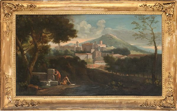 Andrea Locatelli : Paesaggio fluviale con figure al fontanile e borgo in lontananza  - Asta Collezioni Private - Mobili, Oggetti d'Arte e Dipinti Antichi e del XIX Secolo - Associazione Nazionale - Case d'Asta italiane