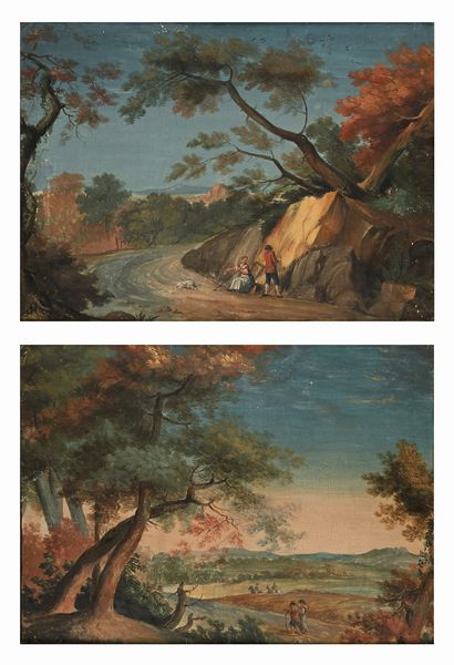 Scuola veneta del XVIII secolo : Paesaggi con figure  - Asta Collezioni Private - Mobili, Oggetti d'Arte e Dipinti Antichi e del XIX Secolo - Associazione Nazionale - Case d'Asta italiane