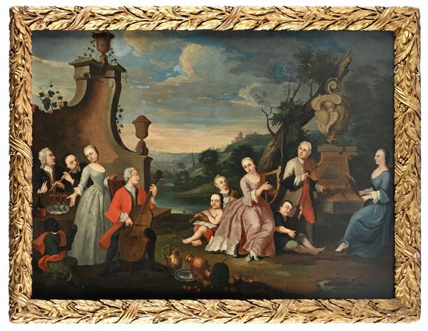 SCUOLA PIEMONTESE DEL XVIII SECOLO : Paesaggio con figure in concerto  - Asta Collezioni Private - Mobili, Oggetti d'Arte e Dipinti Antichi e del XIX Secolo - Associazione Nazionale - Case d'Asta italiane