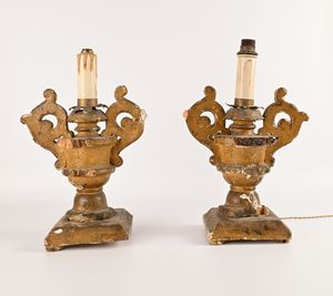 Coppia di portapalme in legno dorato, Italia settentrionale, XVIII secolo  - Asta Collezioni Private - Mobili, Oggetti d'Arte e Dipinti Antichi e del XIX Secolo - Associazione Nazionale - Case d'Asta italiane
