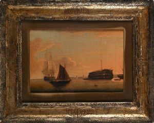 Scuola Europea del XIX secolo : bastimenti al largo di una citt  - Asta Collezioni Private - Mobili, Oggetti d'Arte e Dipinti Antichi e del XIX Secolo - Associazione Nazionale - Case d'Asta italiane