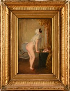 Scuola francese del XIX secolo - Interno con figura femminile nuda con velo e maschera che si specchia