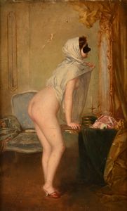 Scuola francese del XIX secolo : Interno con figura femminile nuda con velo e maschera che si specchia  - Asta Collezioni Private - Mobili, Oggetti d'Arte e Dipinti Antichi e del XIX Secolo - Associazione Nazionale - Case d'Asta italiane