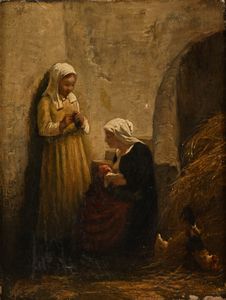 Scuola francese del XIX secolo : Donna che allatta e donna che cuce  - Asta Collezioni Private - Mobili, Oggetti d'Arte e Dipinti Antichi e del XIX Secolo - Associazione Nazionale - Case d'Asta italiane