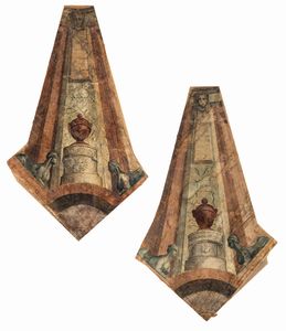 Due decorazioni da soffitto eseguite a tempera su tela sagomata, fine XIX/inizi XX secolo  - Asta Collezioni Private - Mobili, Oggetti d'Arte e Dipinti Antichi e del XIX Secolo - Associazione Nazionale - Case d'Asta italiane