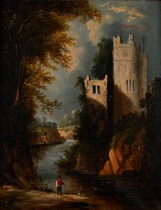 Anonimo del XVIII secolo : Paesaggio fluviale con torrioni e figura di viandante  - Asta Collezioni Private - Mobili, Oggetti d'Arte e Dipinti Antichi e del XIX Secolo - Associazione Nazionale - Case d'Asta italiane