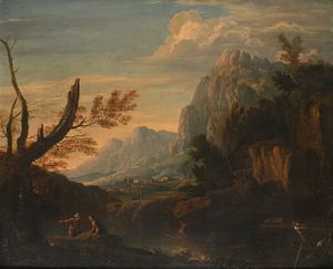 Scuola romana del XVIII secolo : Paesaggio arcadico  - Asta Collezioni Private - Mobili, Oggetti d'Arte e Dipinti Antichi e del XIX Secolo - Associazione Nazionale - Case d'Asta italiane