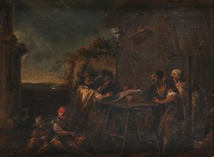 Michelangelo Cerquozzi : Sosta dei viandanti nella campagna romana  - Asta Collezioni Private - Mobili, Oggetti d'Arte e Dipinti Antichi e del XIX Secolo - Associazione Nazionale - Case d'Asta italiane