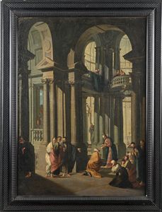 Scuola veneta del XVIII secolo - Capriccio con rovine architettoniche e figure