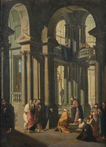 Scuola veneta del XVIII secolo : Capriccio con rovine architettoniche e figure  - Asta Collezioni Private - Mobili, Oggetti d'Arte e Dipinti Antichi e del XIX Secolo - Associazione Nazionale - Case d'Asta italiane