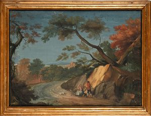 Scuola veneta del XVIII secolo : Paesaggi con figure  - Asta Collezioni Private - Mobili, Oggetti d'Arte e Dipinti Antichi e del XIX Secolo - Associazione Nazionale - Case d'Asta italiane