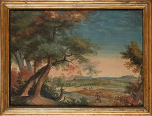Scuola veneta del XVIII secolo : Paesaggi con figure  - Asta Collezioni Private - Mobili, Oggetti d'Arte e Dipinti Antichi e del XIX Secolo - Associazione Nazionale - Case d'Asta italiane