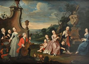 SCUOLA PIEMONTESE DEL XVIII SECOLO : Paesaggio con figure in concerto  - Asta Collezioni Private - Mobili, Oggetti d'Arte e Dipinti Antichi e del XIX Secolo - Associazione Nazionale - Case d'Asta italiane