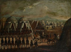 PITTORE DEL XVIII SECOLO : Accampamento militare  - Asta Collezioni Private - Mobili, Oggetti d'Arte e Dipinti Antichi e del XIX Secolo - Associazione Nazionale - Case d'Asta italiane