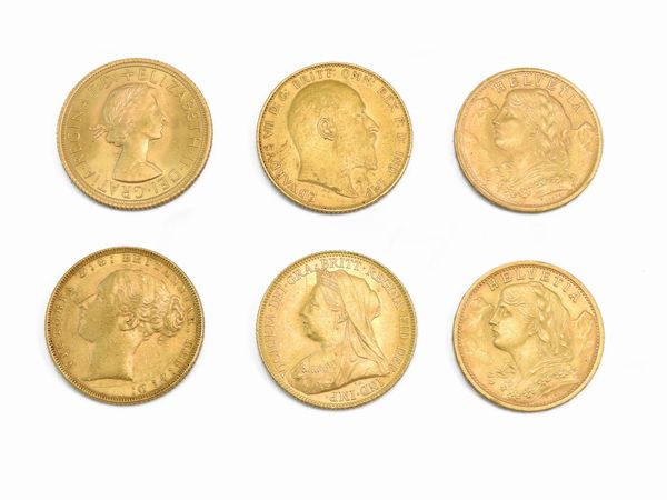 Quattro Sterline e due 20 Franchi Svizzeri in oro  - Asta I gioielli di Rosa Segreto Annigoni - Associazione Nazionale - Case d'Asta italiane