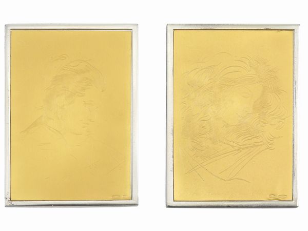 Pietro Annigoni : Coppia di incisioni su lastra in oro 998/1000 con supporto in argento 925/1000  - Asta I gioielli di Rosa Segreto Annigoni - Associazione Nazionale - Case d'Asta italiane