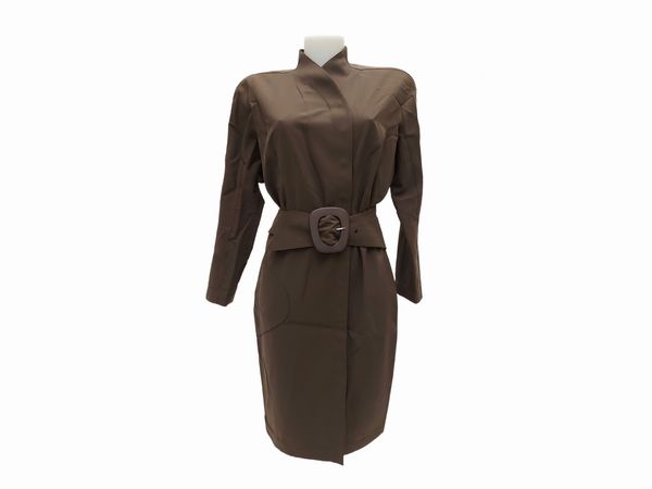 Thierry Mugler - Abito in gabardine di cotone marrone con cintura  - Asta Vintagemania - Associazione Nazionale - Case d'Asta italiane