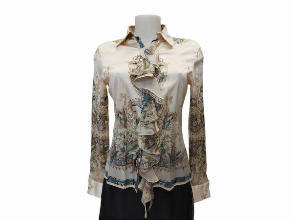 Roberto Cavalli - Completo jeans e camicia fantasia paisley su fondo panna  - Asta Vintagemania - Associazione Nazionale - Case d'Asta italiane