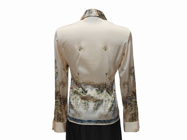 Roberto Cavalli - Completo jeans e camicia fantasia paisley su fondo panna  - Asta Vintagemania - Associazione Nazionale - Case d'Asta italiane