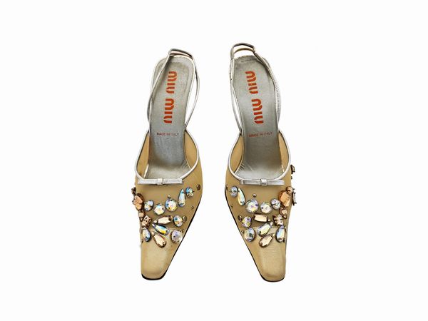 Miu Miu - Decollet in pelle color argento e rete dorata con strass  - Asta Vintagemania - Associazione Nazionale - Case d'Asta italiane