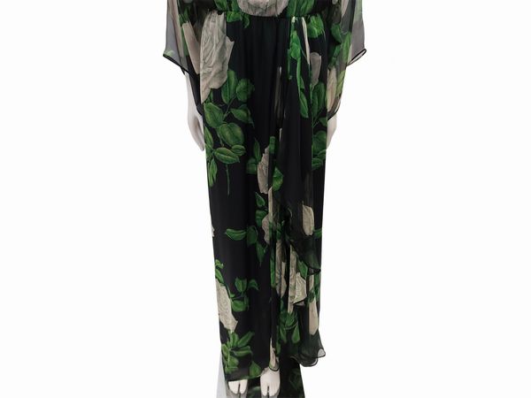 Abito sartoriale da sera lungo in chiffon di seta nero con motivo di rose  - Asta Vintagemania - Associazione Nazionale - Case d'Asta italiane