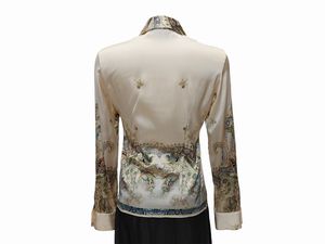 Roberto Cavalli - Completo jeans e camicia fantasia paisley su fondo panna  - Asta Vintagemania - Associazione Nazionale - Case d'Asta italiane