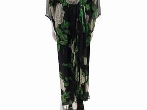 Abito sartoriale da sera lungo in chiffon di seta nero con motivo di rose  - Asta Vintagemania - Associazione Nazionale - Case d'Asta italiane