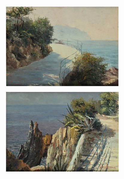 GIUSEPPE ARIGLIANO : 'Paesaggio costiero con agave e scogli' e 'stradina lungo la costiera'  - Asta Dipinti del XIX e XX secolo - Associazione Nazionale - Case d'Asta italiane
