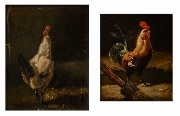 Cimino di Valenzano (Scuola francese del XIX secolo) : Coppia di dipinti raffigurante galli  - Asta Dipinti del XIX e XX secolo - Associazione Nazionale - Case d'Asta italiane