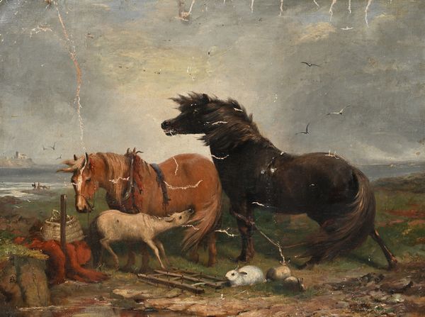 John Christopher Bell : Paesaggio costiero con cavalli, puledro e conigli  - Asta Dipinti del XIX e XX secolo - Associazione Nazionale - Case d'Asta italiane