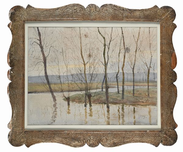 Joseph  Lesage (Scuola francese inizio del XX secolo : Paesaggio fluviale con alberi spogli  - Asta Dipinti del XIX e XX secolo - Associazione Nazionale - Case d'Asta italiane