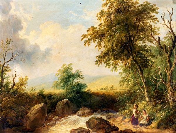 Scuola inglese del XIX secolo : Due giovani donne in sosta presso un ruscello in un paesaggio di campagna  - Asta Dipinti del XIX e XX secolo - Associazione Nazionale - Case d'Asta italiane