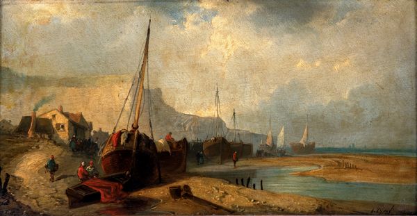 Scuola Europea del XIX secolo : Bassa marea presso un villaggio di pescatori  - Asta Dipinti del XIX e XX secolo - Associazione Nazionale - Case d'Asta italiane